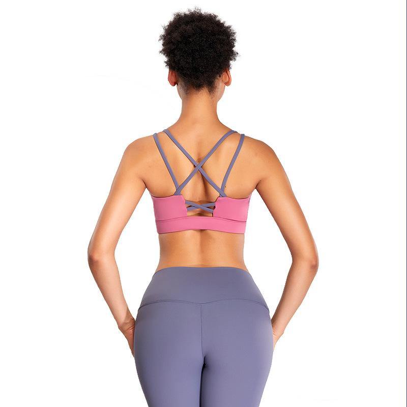 Women Sports Bra Criss-Cross Padded Bra Yoga Fitness Workout Running Top Set Leggings Tight - CHALIER