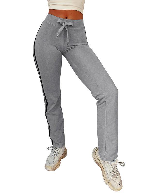 Women Casual Gray Loose Sweatpants Stripe Drawstring Straight Trousers - CHALIER