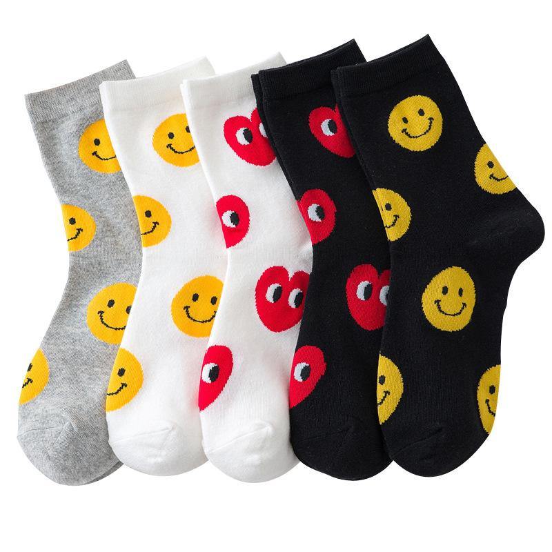 Womens Fun Socks Smiling Face Socks Hearts Cotton Socks Set 5 Pairs - CHALIER