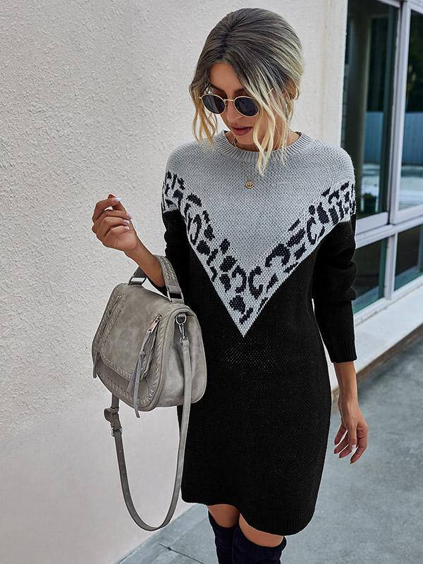 Women's Knitted Dress Leopard Print Round-Neck Long Sleeve Dress - CHALIER