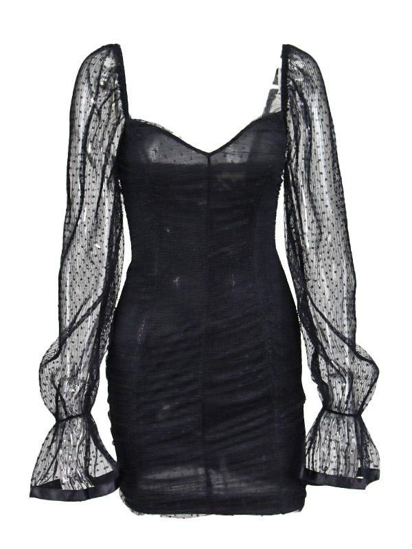 Women's Sexy Sheath Dress Black Cute Chiffon Polka Dots Net Long Sleeve Mini Dresses - CHALIER