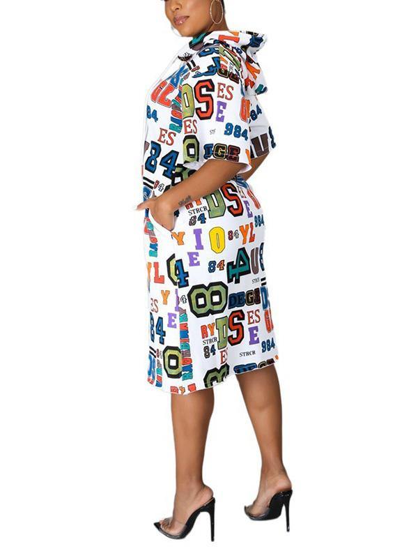 Women's Hooded Sweatshirt Midi Dress Loose Letters Prints Dress - CHALIER