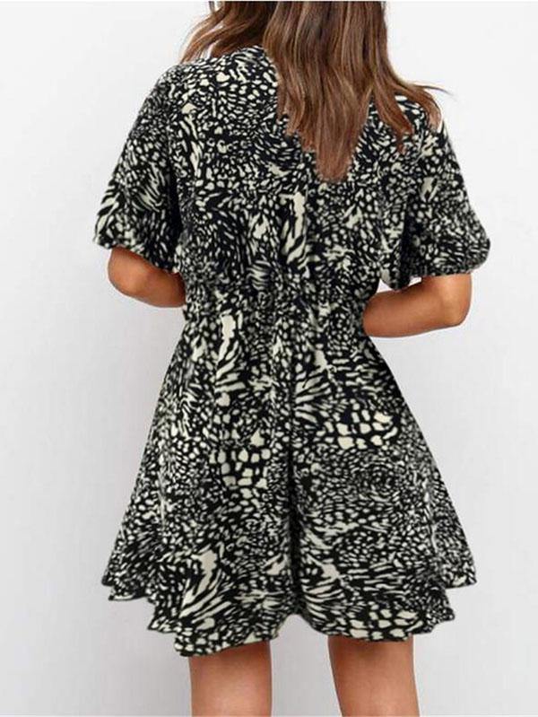 Women's Sexy Printed Deep V-neck Short-sleeved A-line Mini Dress - CHALIER