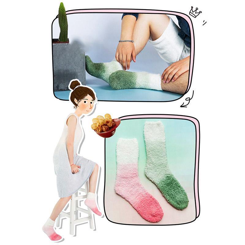Womens Winter Warm Fuzzy Slipper Socks Gradient Color Family Couple Socks - CHALIER