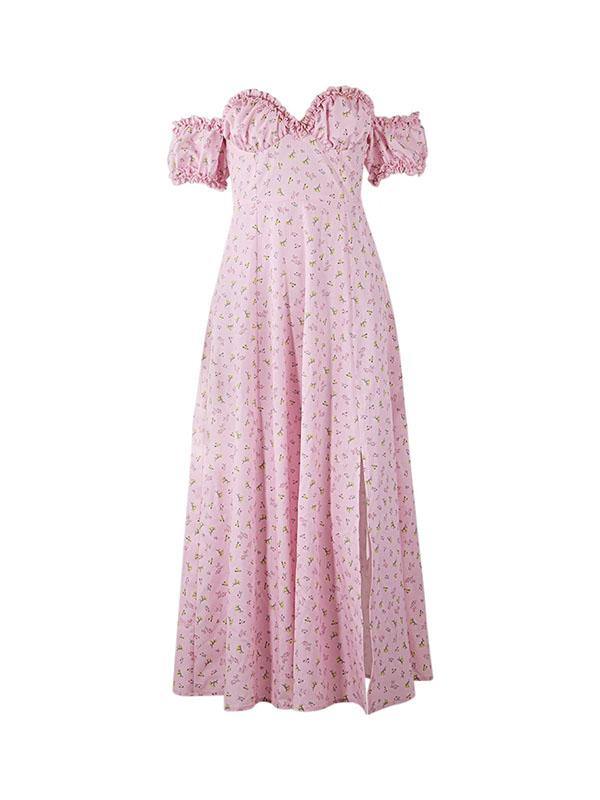 Women's Floral Print Elegant Sexy V-Neck Off Shoulder Dress A-line Pink Split Skirt - CHALIER