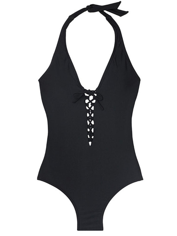 Women's Sexy Plus Size Halter Lace Up One-Piece Swimsuit