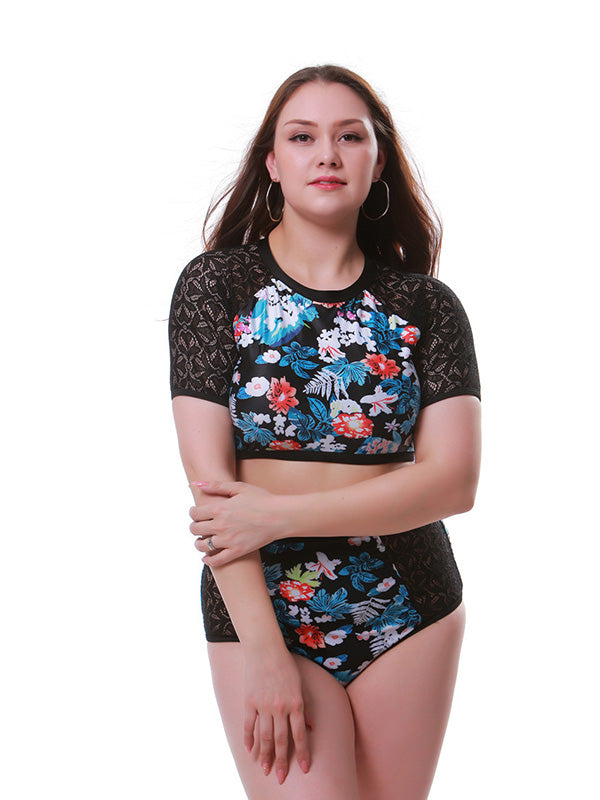 Plus Size Floral Prints Two-Piece Swimsuits High Waist Short Sleeve Tankini