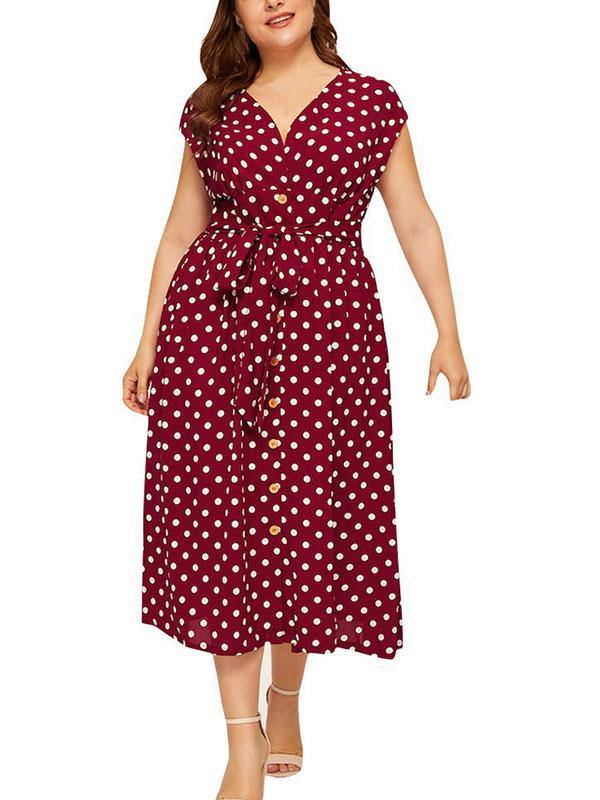 Women's Plus Size V-Neck Polka Dot A-line Dress - CHALIER