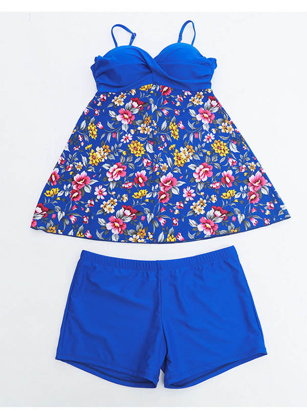 Women's Floral Prints Plus Size Swimsuits Backless Tankini Set