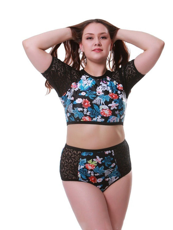 Plus Size Floral Prints Two-Piece Swimsuits High Waist Short Sleeve Tankini