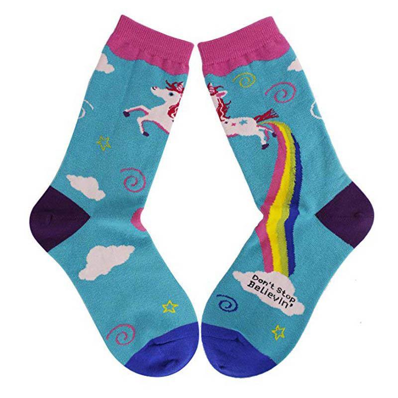 Womens Cartoon Cotton Fun Crazy Crew Socks Unicorn Rainbow Socks - CHALIER