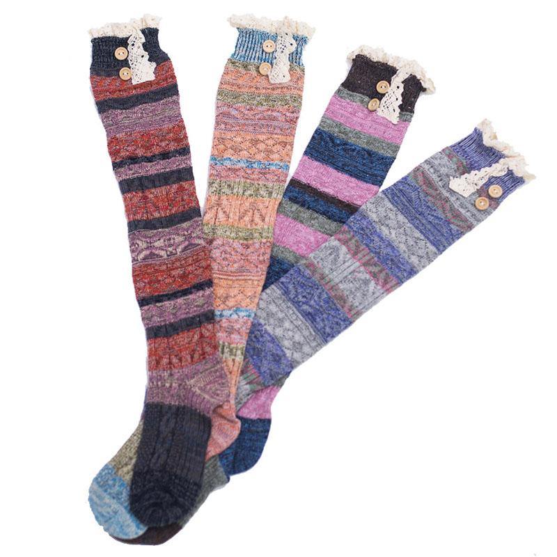 Womens Winter Cozy Knitted Cotton Lace Edge Knee-length Socks Girls Stripes Stockings - CHALIER