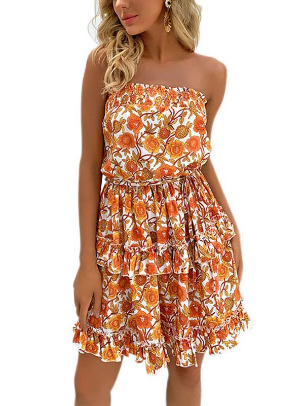 Women's Floral Prints A-line Strapless Mini Dress Orange Embroidered Summer Flower - CHALIER