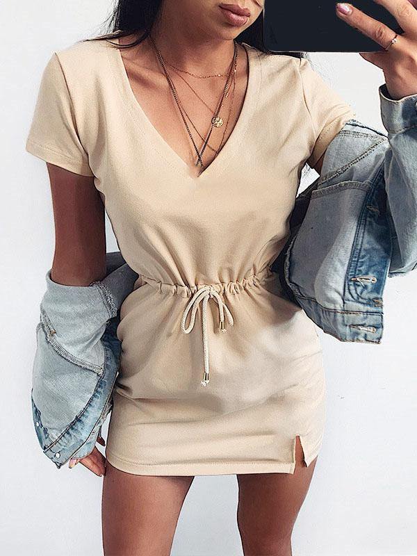 Women's Casual Drawstring A-line Short Sleeve V-Neck Mini Tee Dress - CHALIER