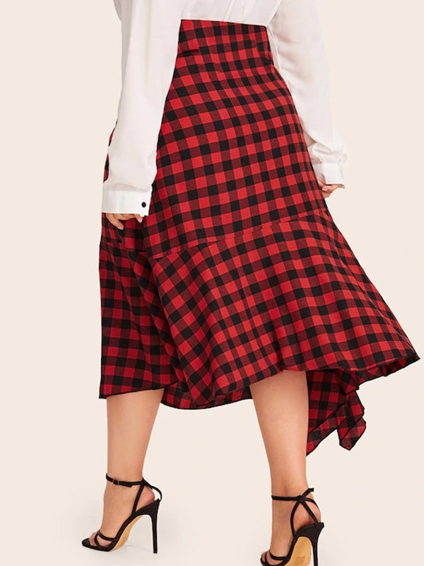 Women's Plus Size Asymmetrical Long Red Plaid Pattern Midi Skirt