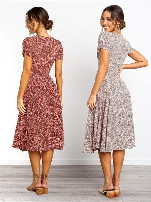 Women's Elegant Floral Printed V-neck Short-sleeved Midi Dress - CHALIER