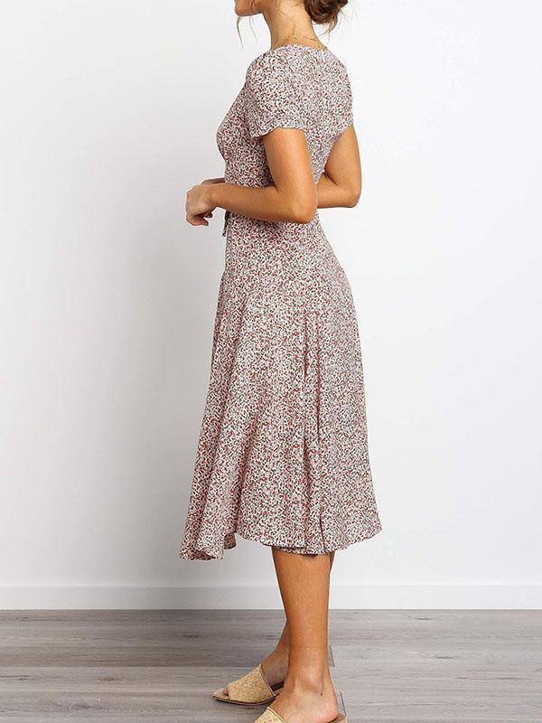 Women's Elegant Floral Printed V-neck Short-sleeved Midi Dress - CHALIER