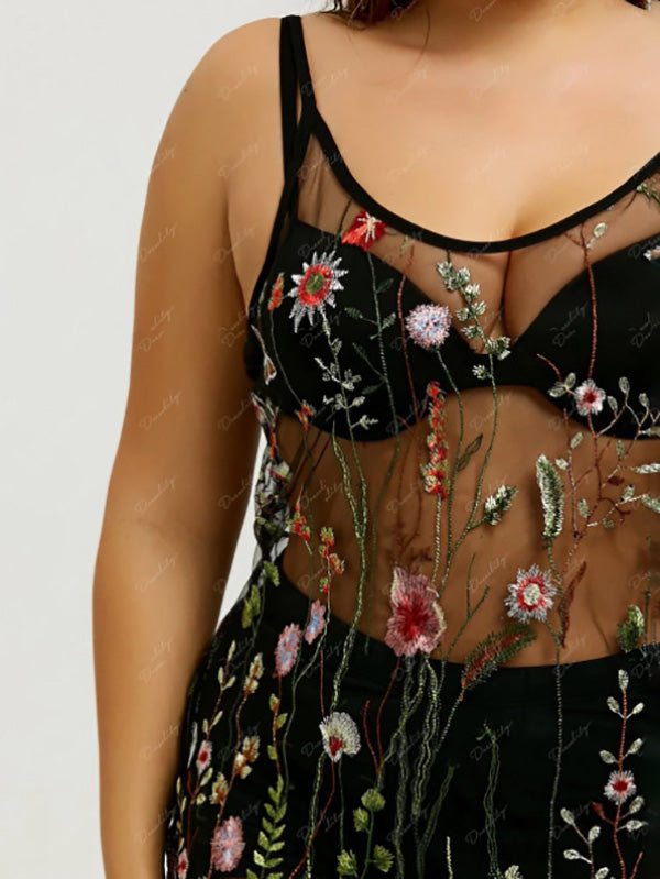 Women's Sexy Lace Plus Size Night Gown Transparent Lingerie Floral Print Sleep Midi Dress