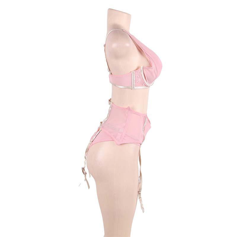 Women's Plus Size Sexy Pink Bra Thigh High Socks Garter Belt Transparent Lingerie Suit - CHALIER
