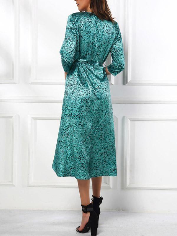 Women's Causual Smooth Floral Leopard Print Dress Long Sleeve - CHALIER