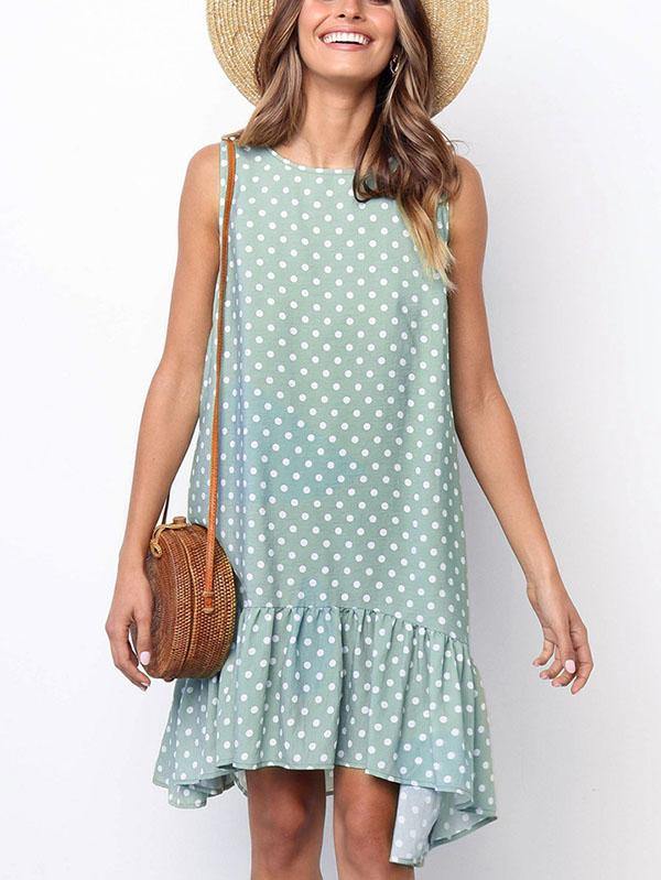 Women's Polka Dot Sleeveless Loose Flounced Dress Holiday - CHALIER