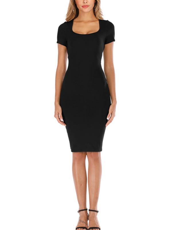 Women's Elegant Sheath Dress Short Sleeve Square-cut Collar High Waist Midi Dress - CHALIER