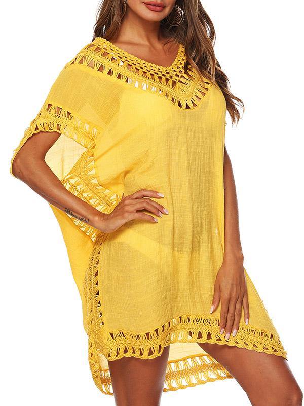 Women's Sexy V-Neck Swimsuit Blouse Beach Dress Crochet Bikini Mini Dress - CHALIER