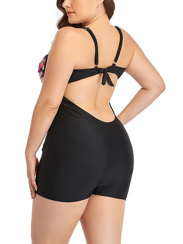 Plus Size Floral Prints Swimsuits Womens One Piece Boxers Lace Up Bikini