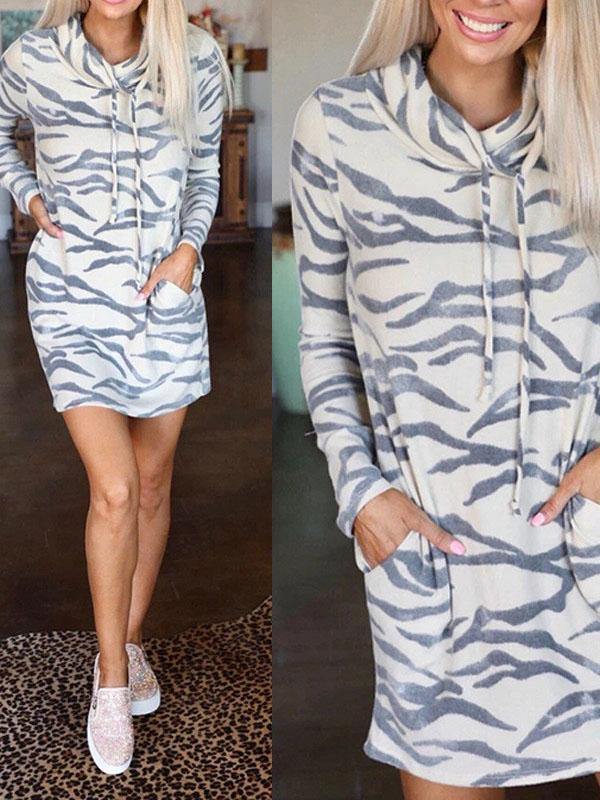 Women's Sweatshirt Hooded Mini Dress Casual Zebra Print with Pocket - CHALIER