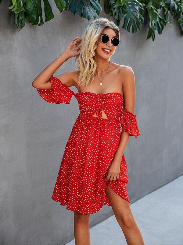 Women's Sexy Strapless Backless Dress Vintage Polka Dots Summer Midi Dress - CHALIER