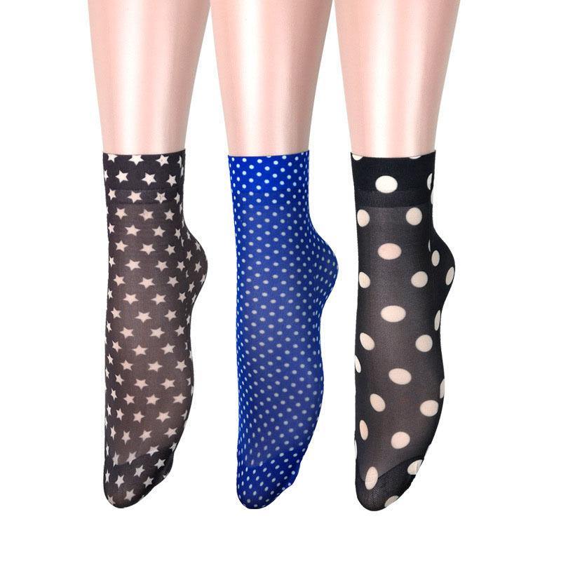 Womens Cute Sweet Short Ultrathin Stockings Stars Polka Dot Pattern Ankle Socks Set 3 Pairs - CHALIER