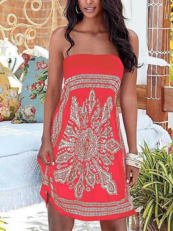 Women's Floral Print Strapless Tube Mini Dress Holiday - CHALIER