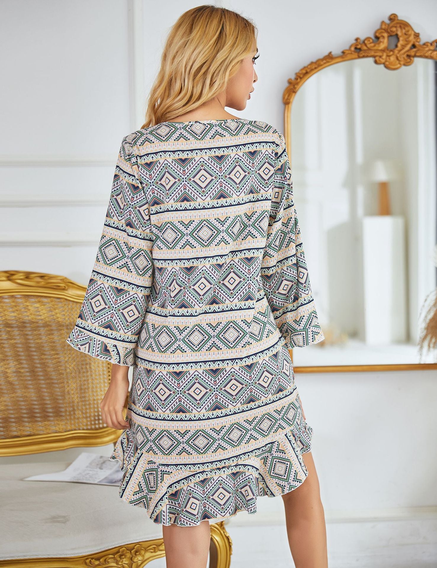 Women's V Neck Sleepwear Loose Nightgown Bohemia Nightshirt Long Sleeves