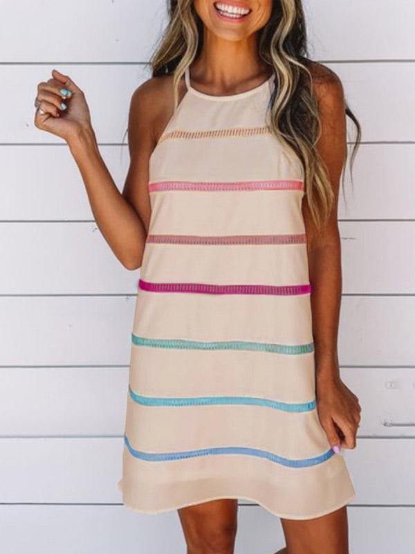 Women's Cotton Casual Rainbow  Pinstripe Midi Slip Dress - CHALIER