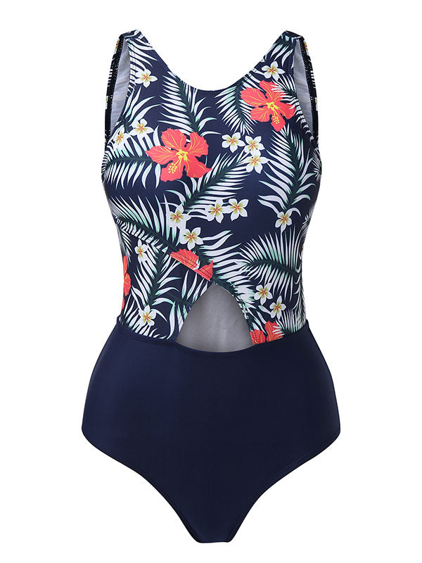 Women's Sexy Leaf Floral Prints Halter One-Piece Swimsuits