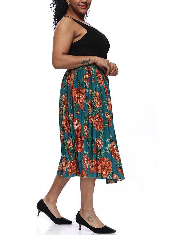 Women's Printed Chiffon Pleated Skirt Plus Size Midi Skirts - CHALIER