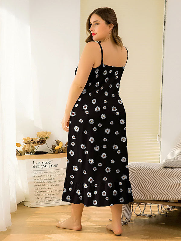 Women's Plus Size Sexy Halter Night Gowns Floral Prints Sleep Maxi Slip Dress