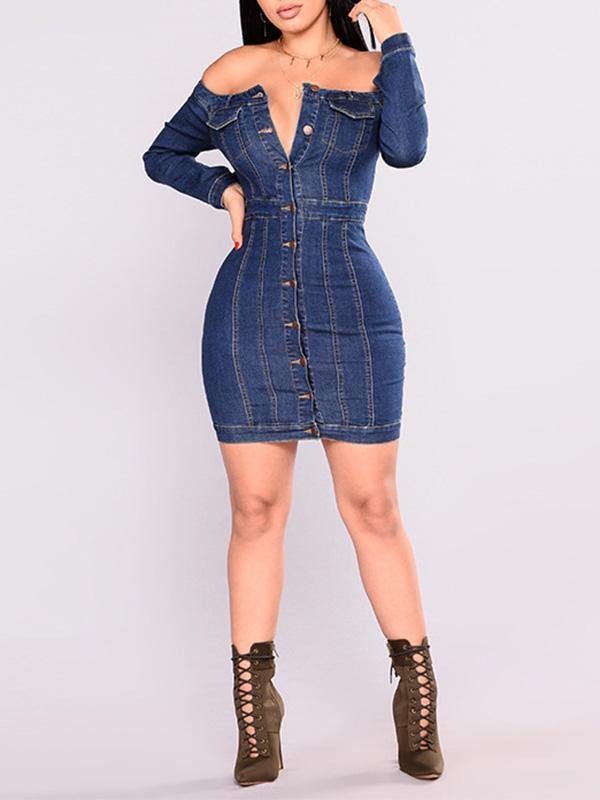 Women's Sexy Casual Denim Bodycon Dress Off Shoulder Long Sleeve Sheath Dress Plus Size - CHALIER