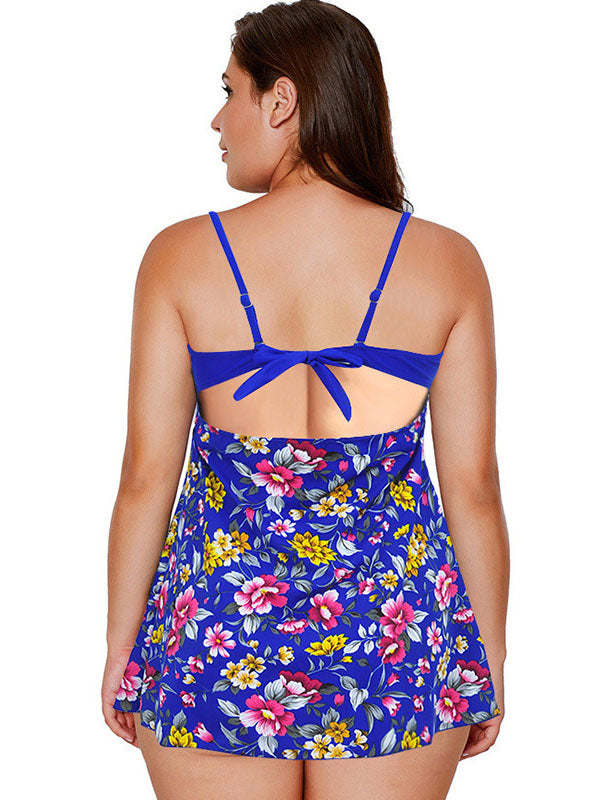 Women's Floral Prints Plus Size Swimsuits Backless Tankini Set