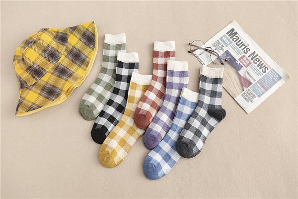 Womens Cotton Plaid Socks Checkered Pattern Soft Socks Set 7 Pairs - CHALIER