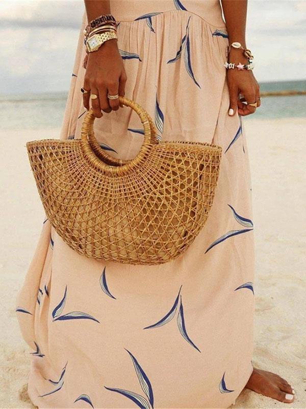 Women's Elegant Bohemian Printed  Apricot V-neck Beach Maxi Dress Summer - CHALIER