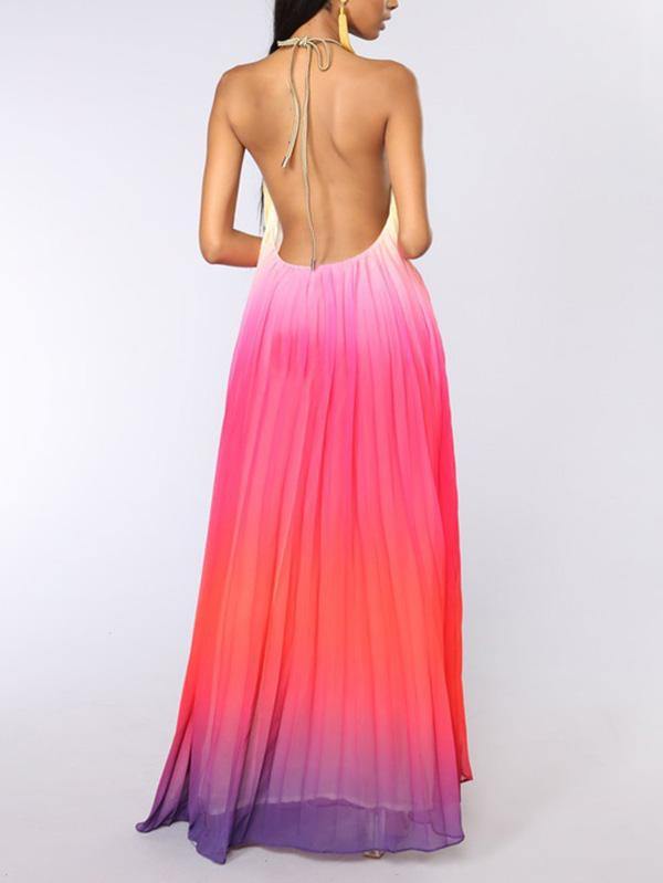 Women's Gradient Chiffon Pleated Maxi Pink Halter Dress Beach Holiday - CHALIER