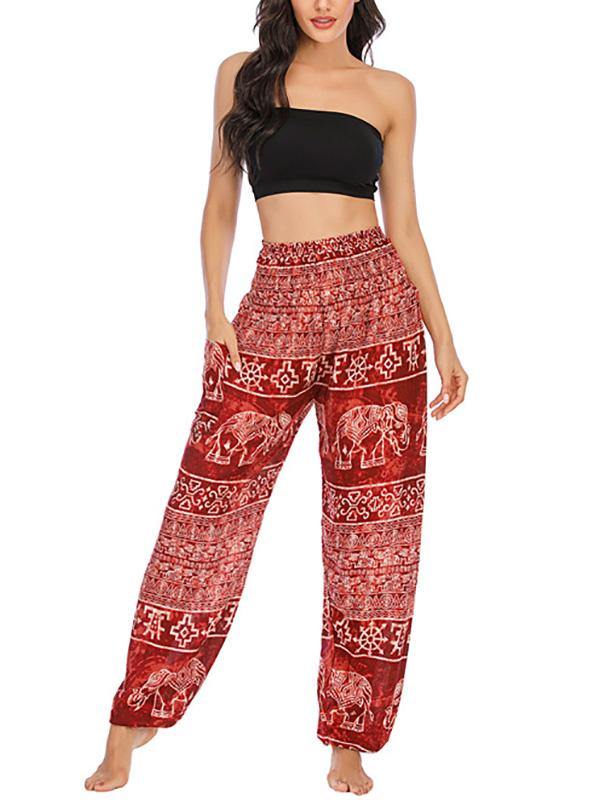 Women's Casual Printed Long Soft Bloomer Pants High Waist Yoga - CHALIER