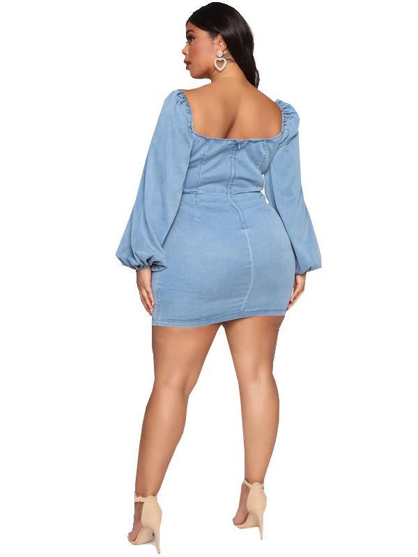 Plus Size Women's Sexy Denim Dress Low Cut Bowknot Mini Dress - CHALIER
