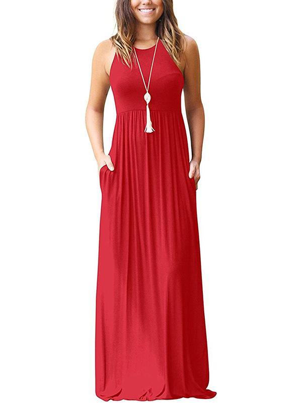 Women's Vest Beach Maxi Dress Sexy Pocket Soft Round-neck Dress - CHALIER