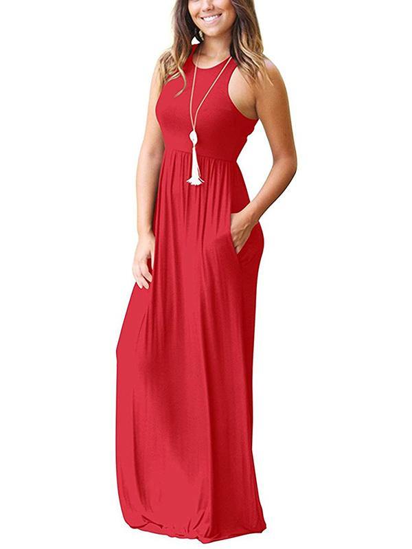 Women's Vest Beach Maxi Dress Sexy Pocket Soft Round-neck Dress - CHALIER