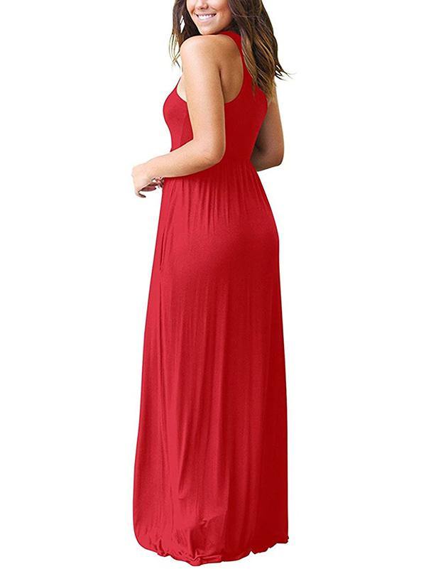 Women's Vest Beach Maxi Dress Sexy Pocket Soft Round-neck Dress - CHALIER