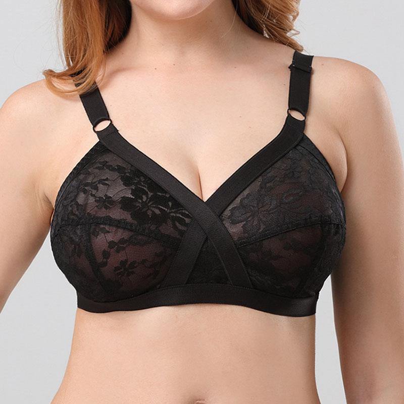Plus Size Bralette Black Sexy Lace Ultra-thin Comfortable 36DD Full Coverage Bra - CHALIER