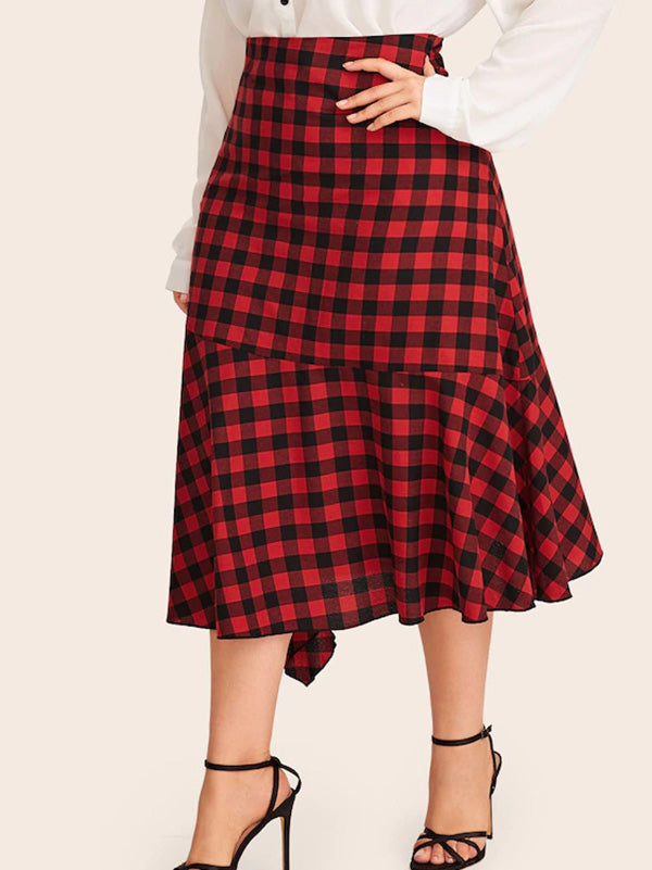 Women's Plus Size Asymmetrical Long Red Plaid Pattern Midi Skirt