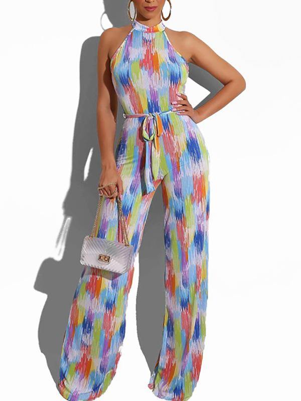 Women's Casual Printed Colored Halter Jumpsuit Wide Legged Pants Beach - CHALIER
